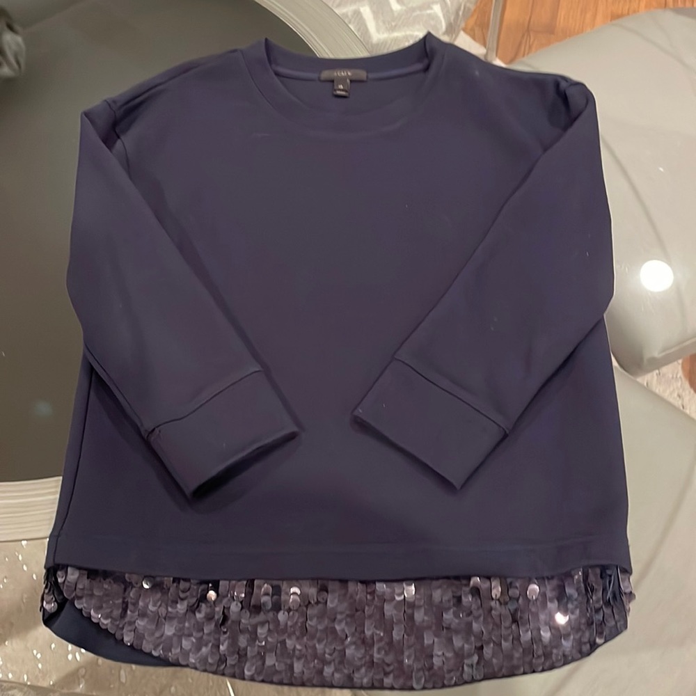 JCrew Scoop Neck Sweater with Sequin Trim in Navy